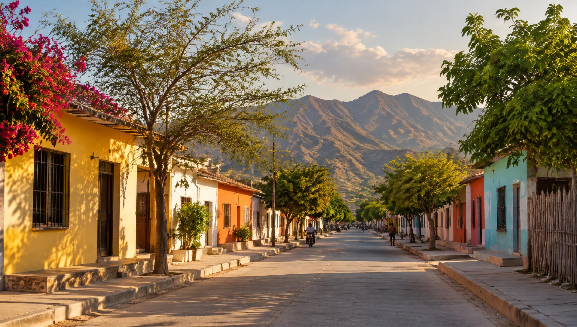 Calle del casco urbano de Hatonuevo con casas de colores al atardecer