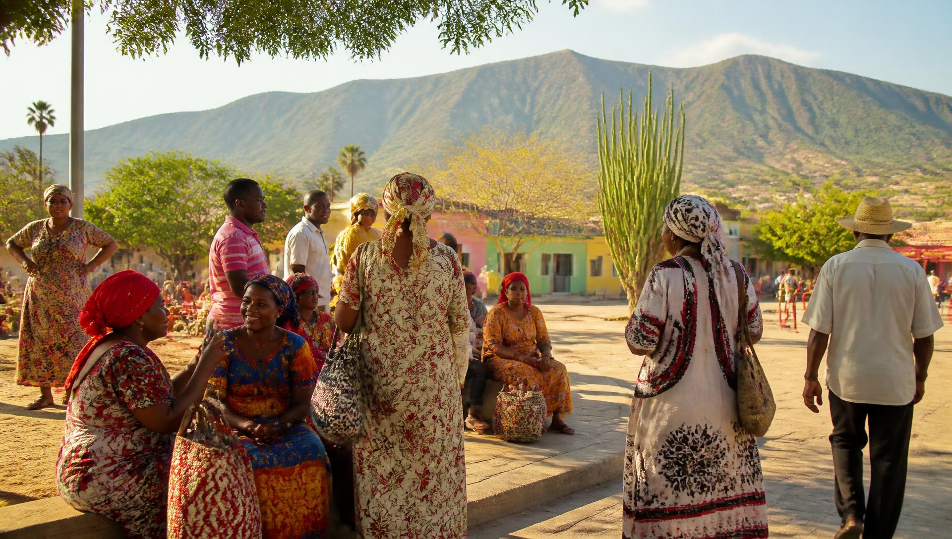 Plaza de Hatonuevo con mujeres wayúu y vecinos de la comunidad