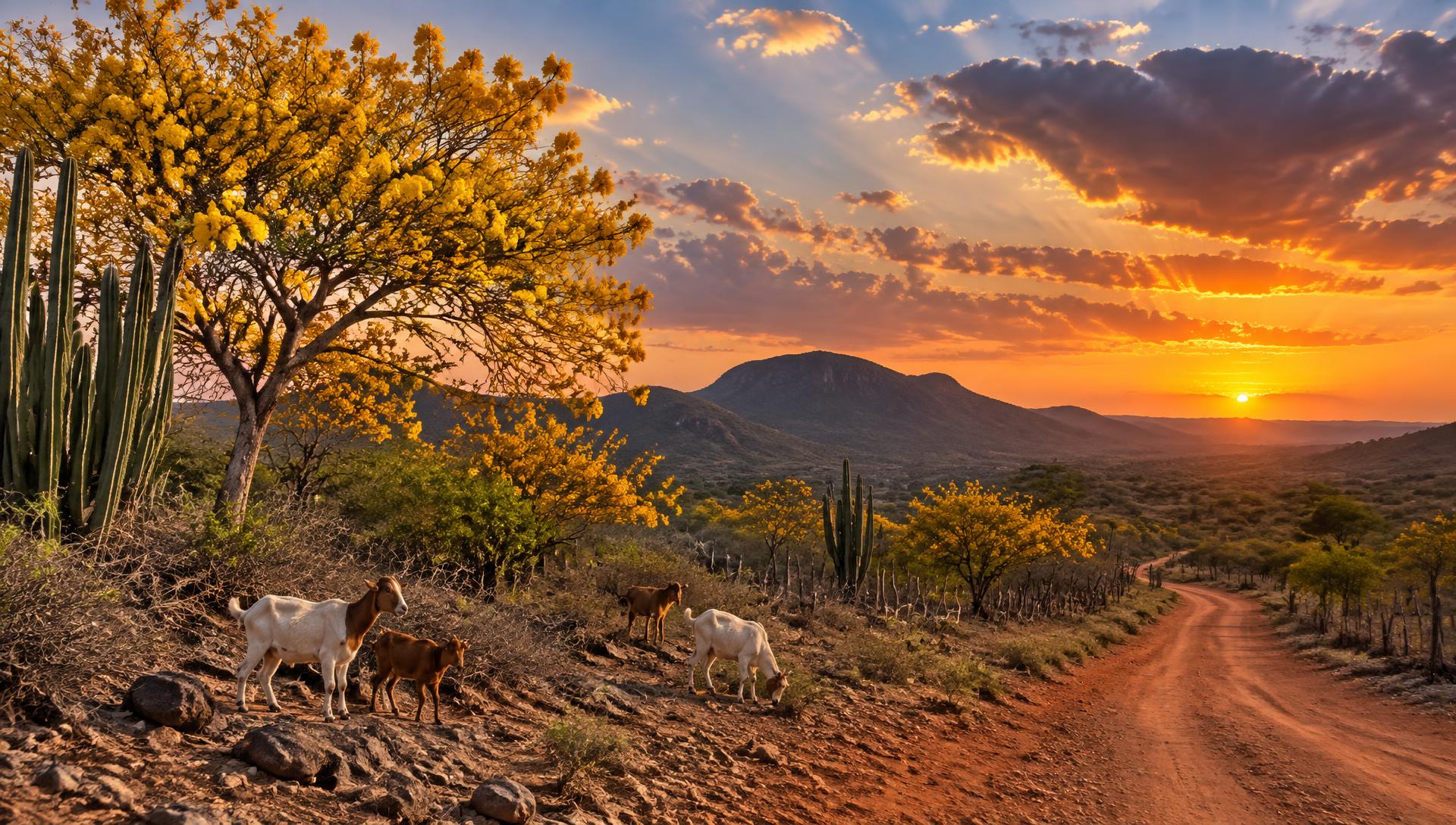 Paisaje rural de La Guajira cerca de Hatonuevo con cabras y trupillos en flor